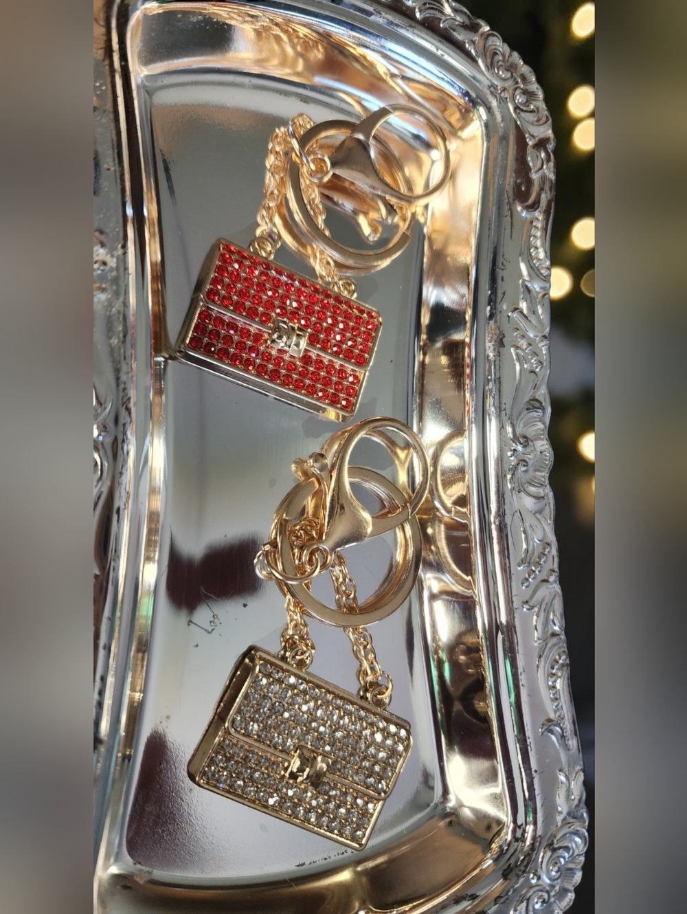 2 Gold Mini Purse Keychain with Red and Clear Crystals NWT